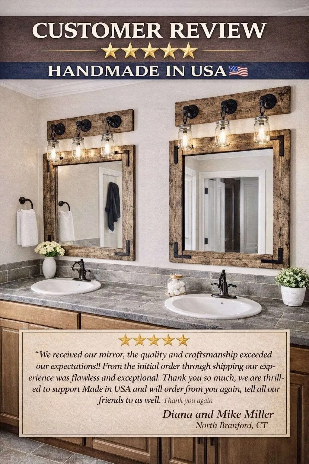 rustic framed mirror and mason jar light bathroom set made in USA