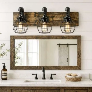 Alternative view of Handmade Cage Vanity Light – Rustic Wood Bathroom Fixture