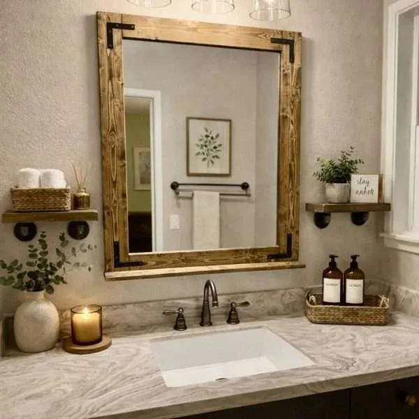 Large rustic mirror with shelf handcrafted for farmhouse bathroom vanity