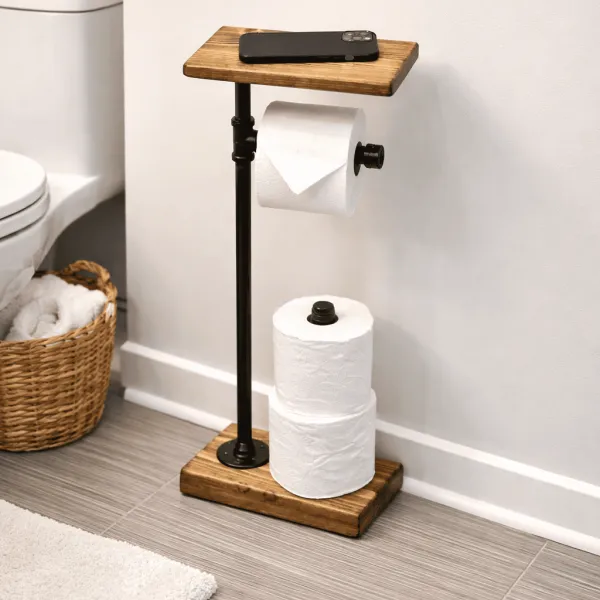 industrial farmhouse toilet paper holder stand wood base with pipe and shelf bathroom accessory set