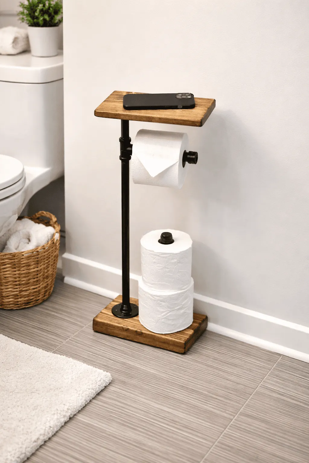 industrial farmhouse toilet paper holder stand wood base with pipe and shelf bathroom accessory set