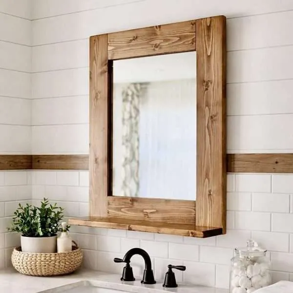 Rustic dark wood framed bathroom mirror with shelf above vanity decor