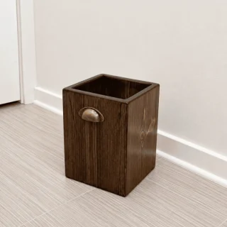 Wooden bathroom wastebasket shown in Espresso with rounded metal cup handles