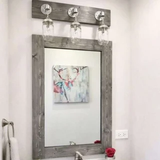 Gray bathroom mirror with mason jar lights industrial farmhouse