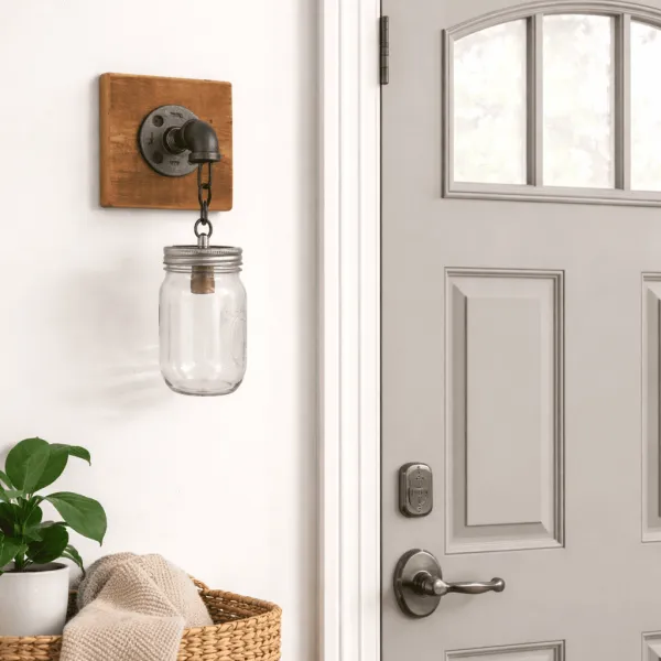 Handmade mason jar sconce bedside farmhouse wood wall light