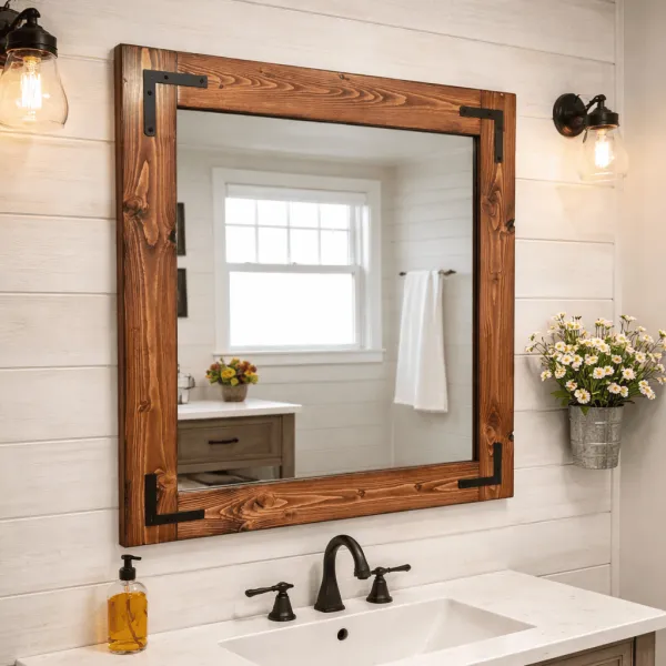 mahogany wood frame mirror hanging on a bathroom wall