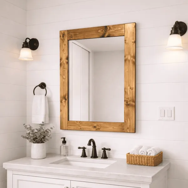 early american wood frame mirror on bathroom wall