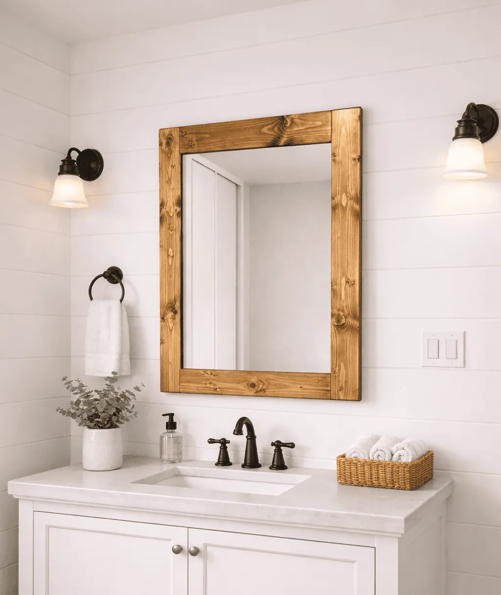 early american wood frame mirror on bathroom wall