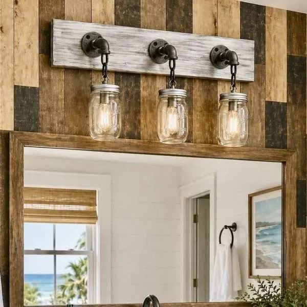 Farmhouse mason jar light fixture, rustic gray weathered wood bathroom vanity light, 3 light industrial wall sconce, pipe lighting decor, made in USA