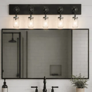 industrial pipe vanity light with black wood base 5 jars edison bulb bathroom lighting handmade USA