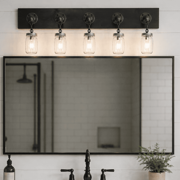 industrial pipe vanity light with black wood base 5 jars edison bulb bathroom lighting handmade USA