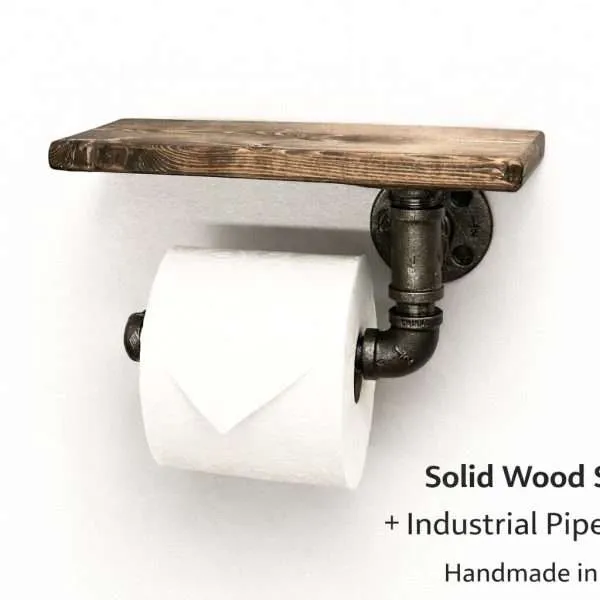 wall mounted pipe toilet paper holder with shelf black iron