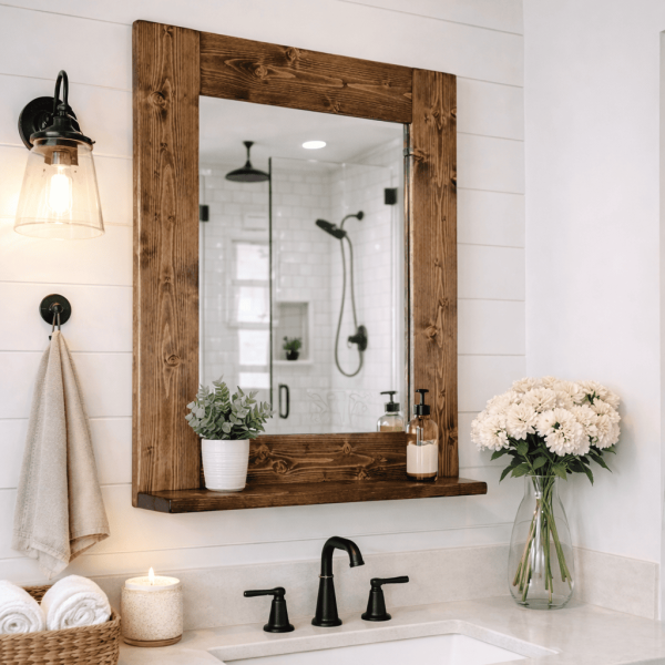 Espresso rustic wood framed bathroom mirror with storage shelf farmhouse decor with candle and plant