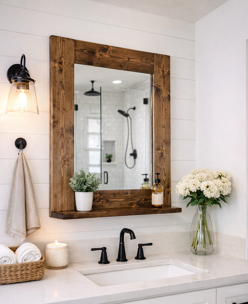 Espresso rustic wood framed bathroom mirror with storage shelf farmhouse decor with candle and plant