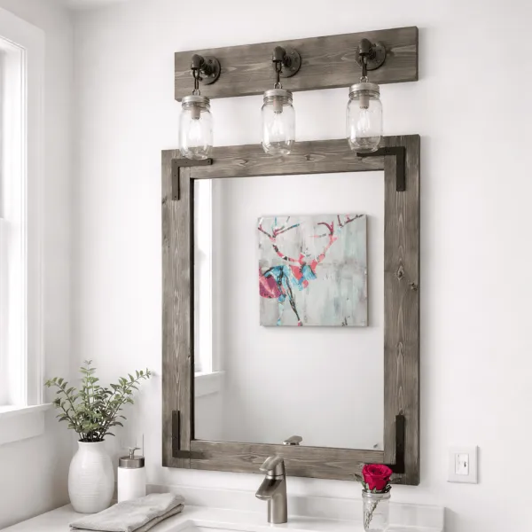 Rustic Bathroom Vanity Set with Mirror and Light, Farmhouse Bathroom Decor, Wood Mirror and Mason Jar Lighting