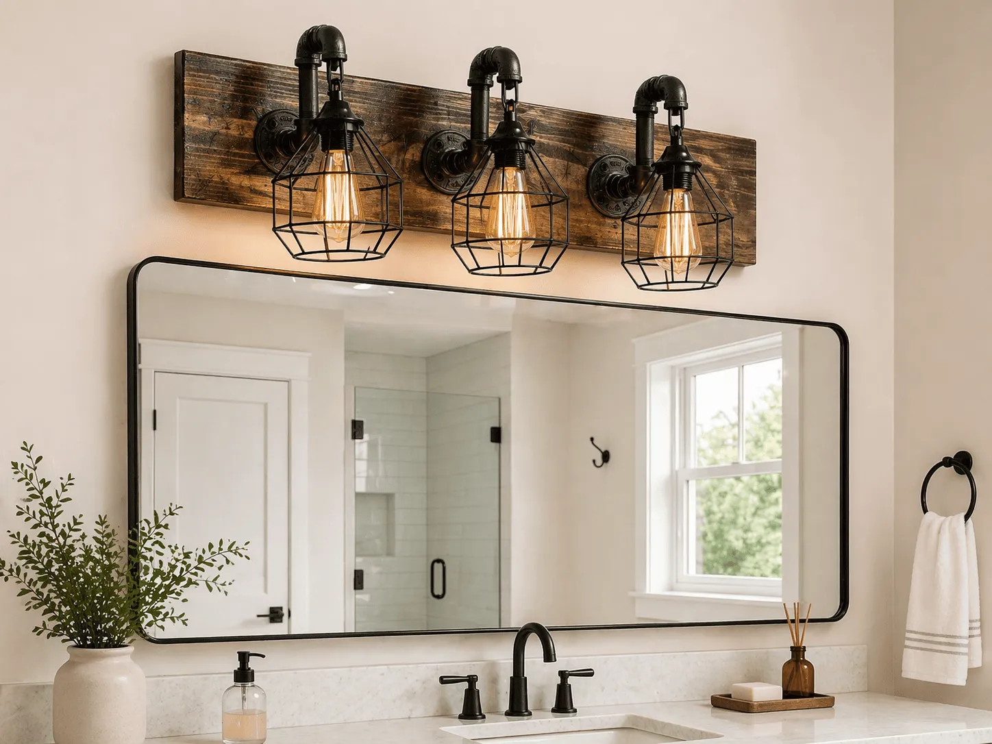 Rustic wood 3 cages vanity light fixture industrial farmhouse bathroom handmade in USA