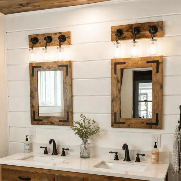 Rustic wood framed bathroom mirrors set, farmhouse vanity mirrors with black metal brackets, double sink bathroom decor, handmade wood mirror USA