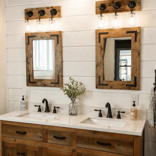 Handmade 3 light mason jar fixture with rustic wood above rustic bathroom mirror