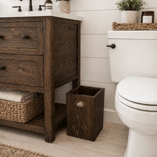 Rustic wooden trash can with black metal cup pull handle, farmhouse style, handcrafted wood bin on light tile floor