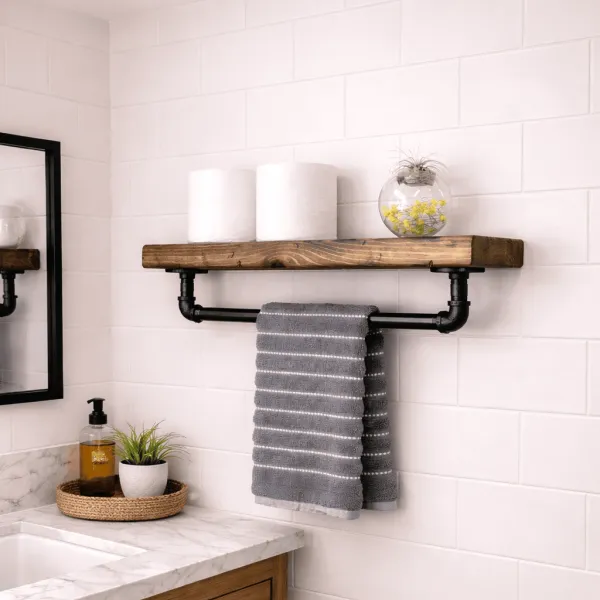 farmhouse rustic floating wood shelf with towel bar