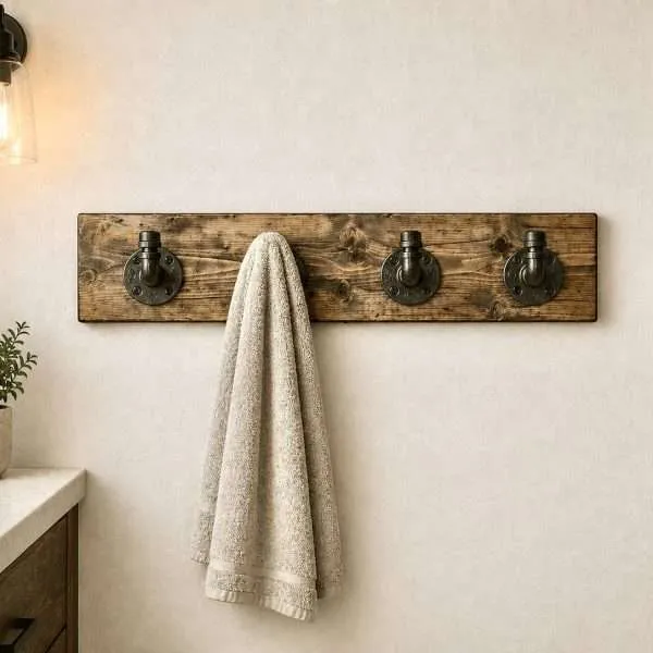 rustic wood coat rack with industrial pipe hooks farmhouse wall mounted entryway organizer