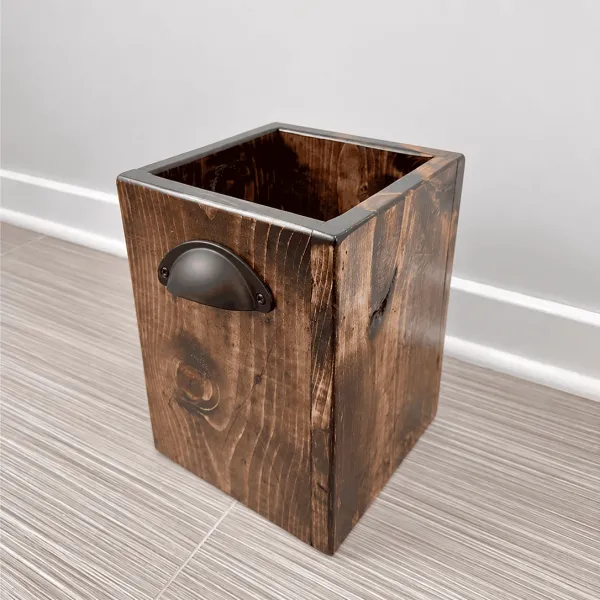 Handmade rustic wooden trash can featuring black metal drawer pull handle, natural wood grain, farmhouse decor