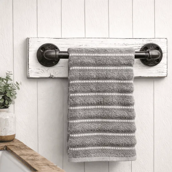 towel bar on whitewash wood bathroom decor