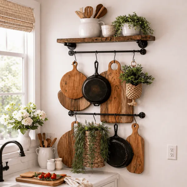 Solid wood farmhouse kitchen shelf with metal towel bars