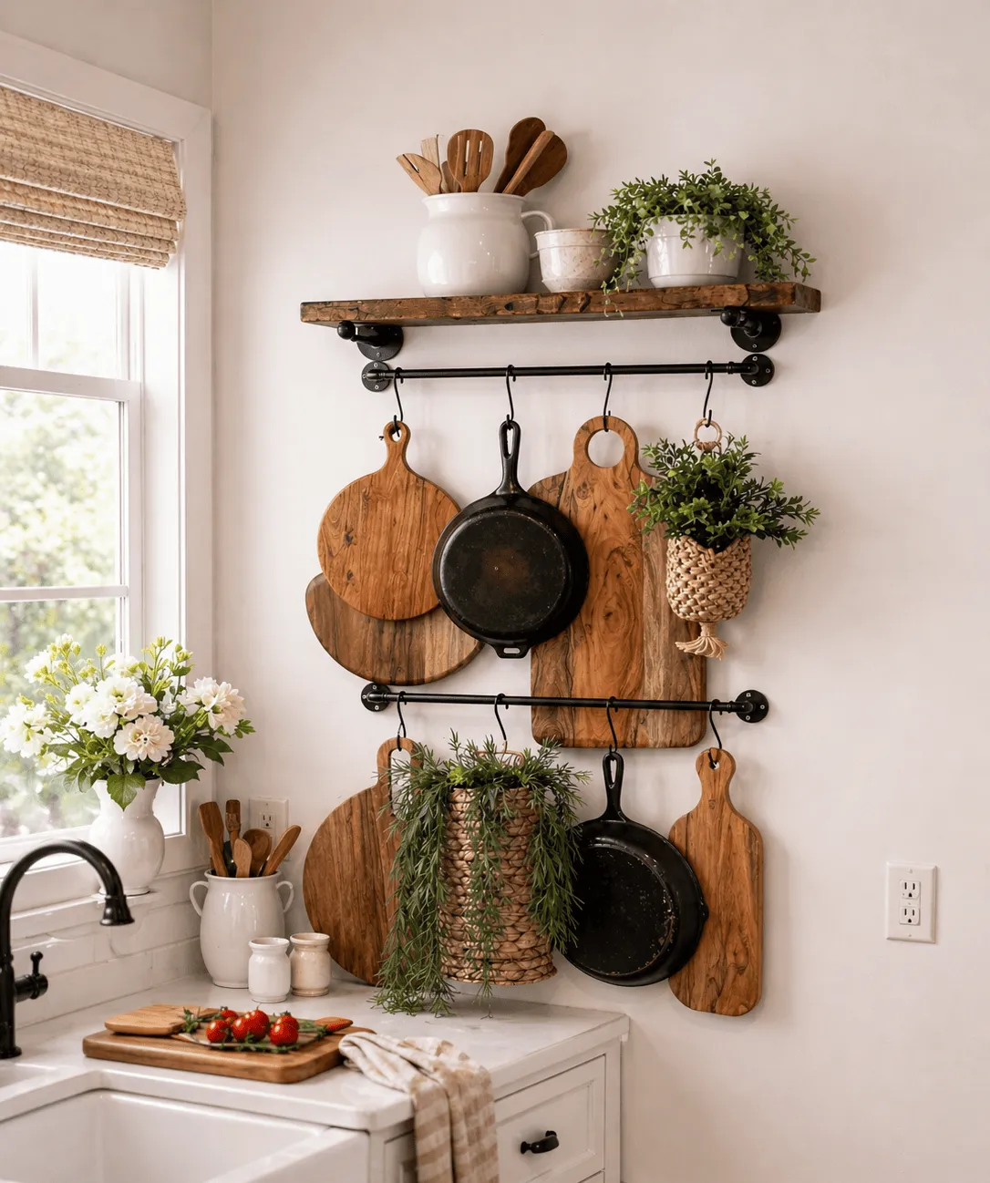 Solid wood farmhouse kitchen shelf with metal towel bars
