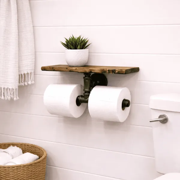 rustic bathroom organizer double roll toilet paper holder with shelf industrial style