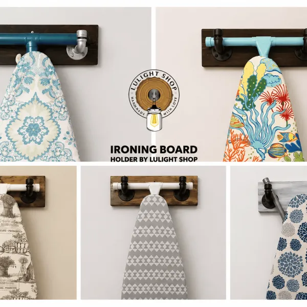farmhouse ironing board hanger wood and metal pipe wall organizer handmade USA
