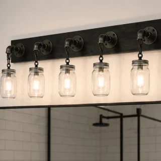 Industrial mason jar vanity light fixture with 5 lights, farmhouse bathroom lighting, industrial pipe wall sconce, wood wall light, handmade USA