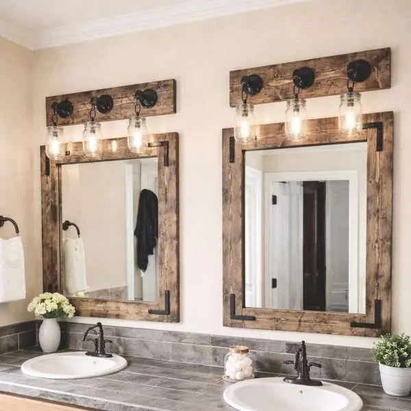 Rustic Bathroom Vanity Set with Mirror and Light, Farmhouse Bathroom Decor, Wood Mirror and Mason Jar Lighting