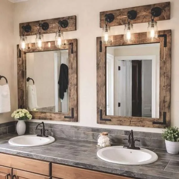 Rustic Bathroom Vanity Set with Mirror and Light, Farmhouse Bathroom Decor, Wood Mirror and Mason Jar Lighting