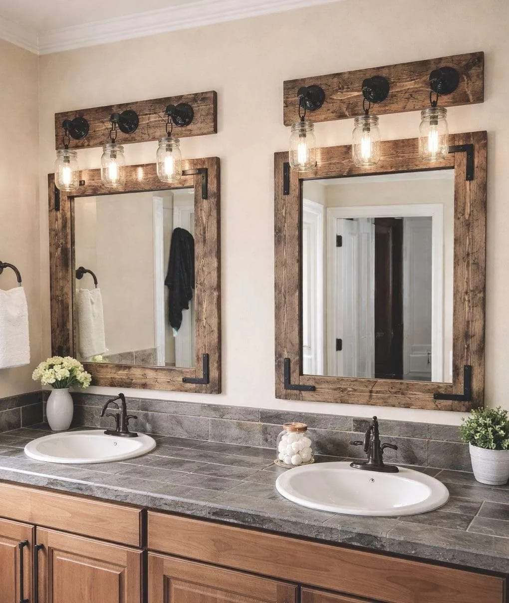 Rustic Bathroom Vanity Set with Mirror and Light, Farmhouse Bathroom Decor, Wood Mirror and Mason Jar Lighting