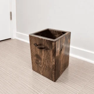 Rustic Distressed wooden wastebasket with metal pull handles