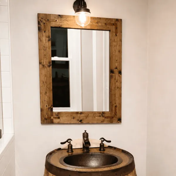 Rustic natural wood bathroom mirror with optional metal corner brackets, blending farmhouse charm and modern style for vanity wall decor