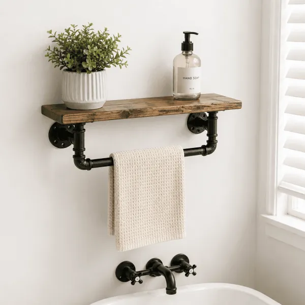 Farmhouse Rustic towel bar with wood shelf wall mounted