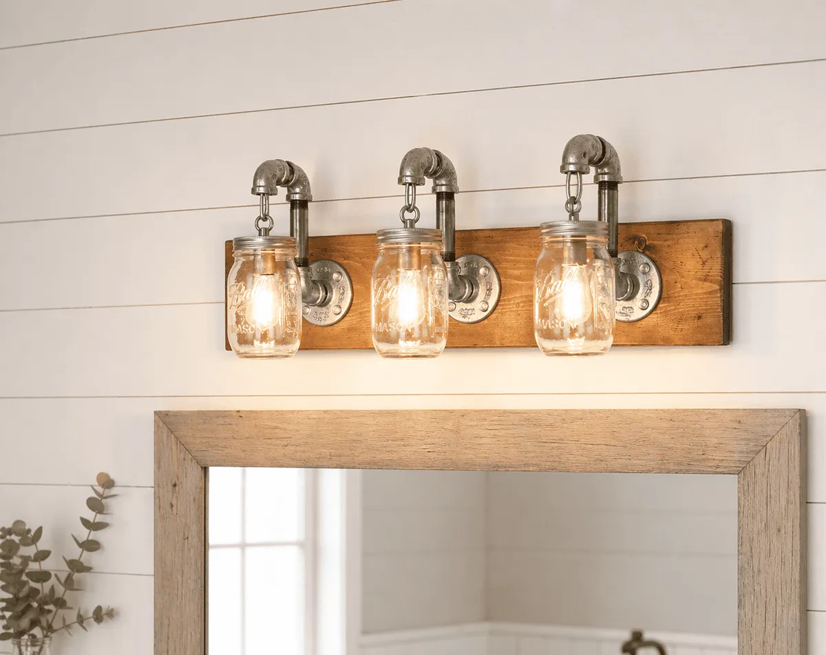 rustic farmhouse mason jar bathroom light fixture made in USA