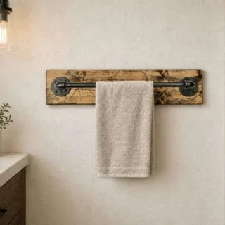 rustic farmhouse bathroom towel holder bar on solid wood