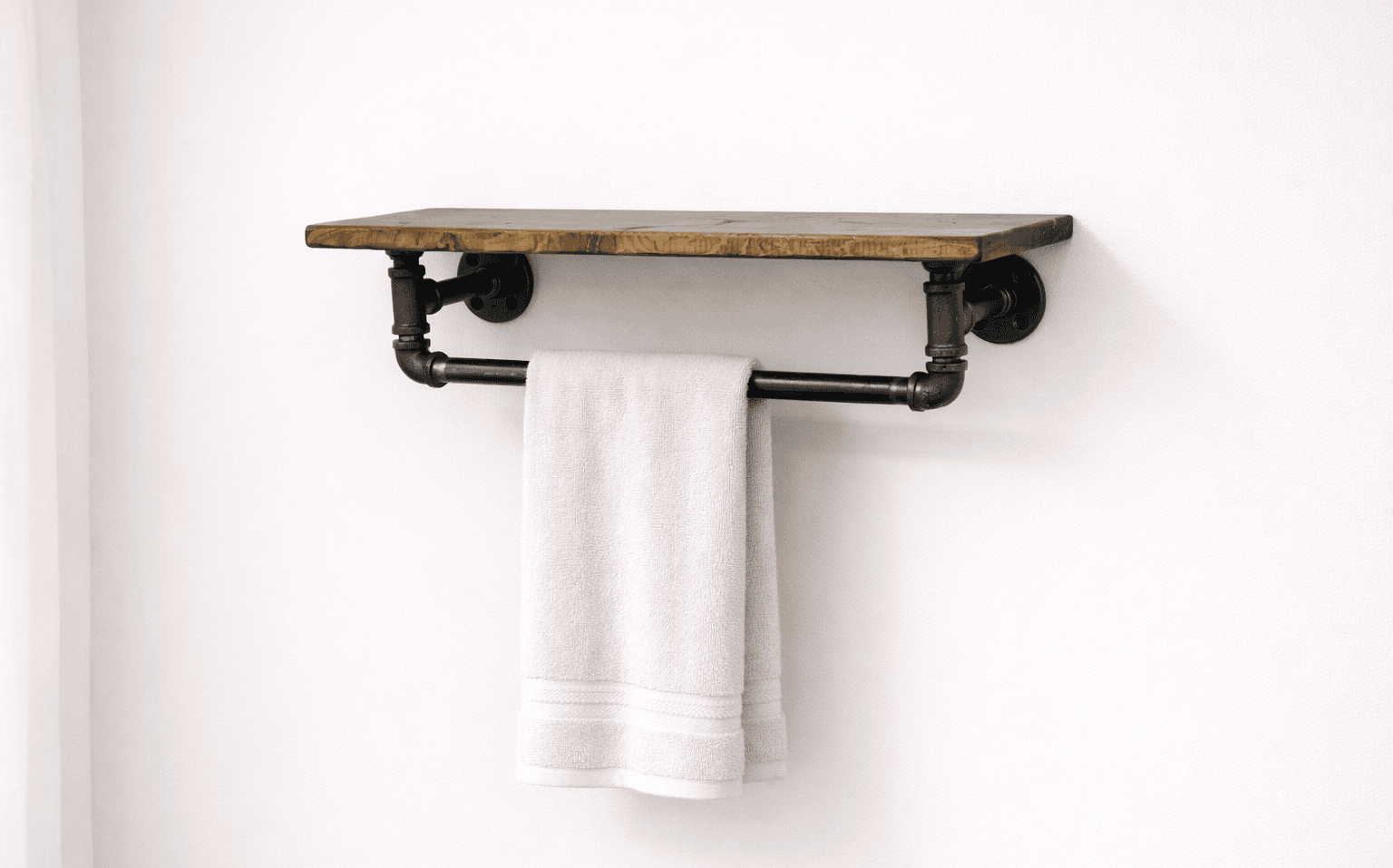 Rustic distressed wood shelf with towel bar farmhouse bathroom wall storage