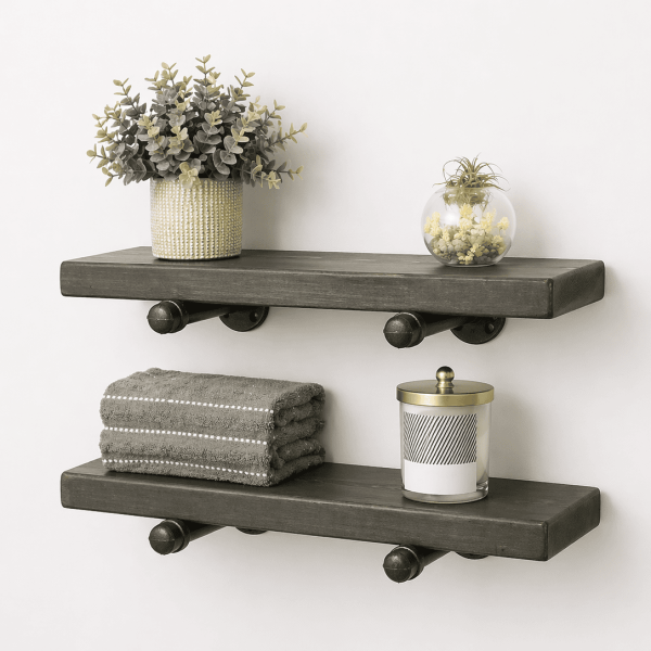 gray farmhouse shelves on pipe brackets wall decor
