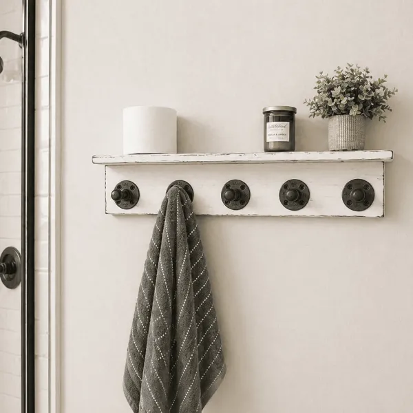 rustic wood coat rack with industrial pipe hooks farmhouse wall mounted entryway organizer