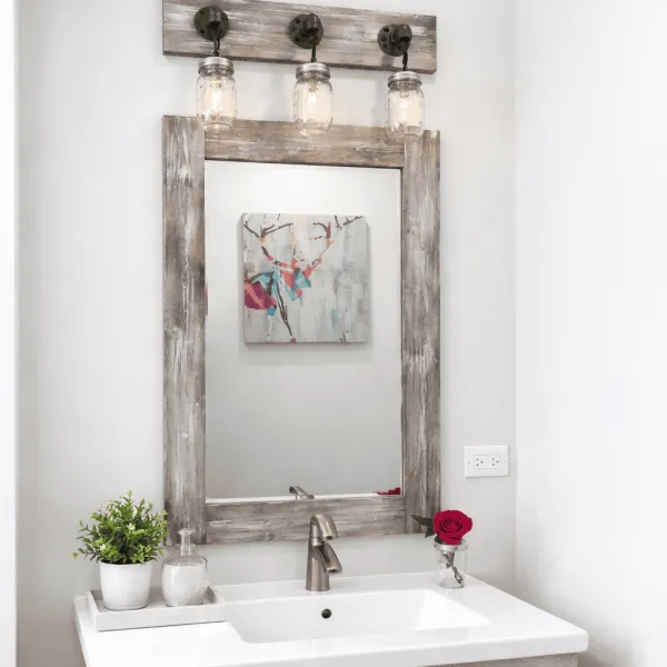 Farmhouse light whitewash vanity mirror with three four five six mason jar light set