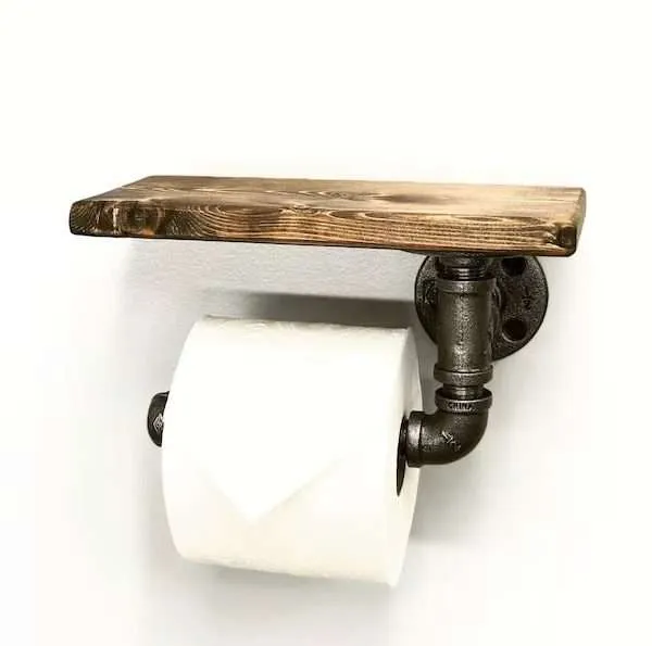 industrial pipe toilet paper holder with shelf rustic farmhouse bathroom