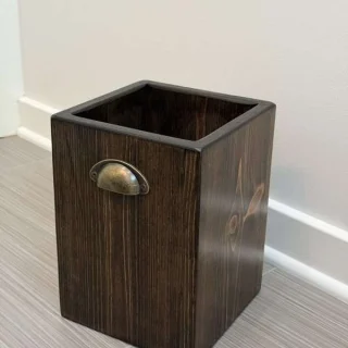 Handmade rustic wood trash bin dark finish farmhouse bathroom wastebasket with vintage bronze cup handles cozy home organization idea