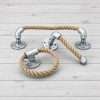 Nautical rope bathroom accessory set with towel bar, towel ring and toilet paper holder, industrial pipe design with silver galvanized chrome metal and natural jute rope