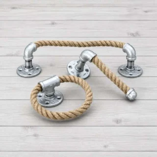 Nautical rope bathroom accessory set with towel bar, towel ring and toilet paper holder, industrial pipe design with silver galvanized chrome metal and natural jute rope