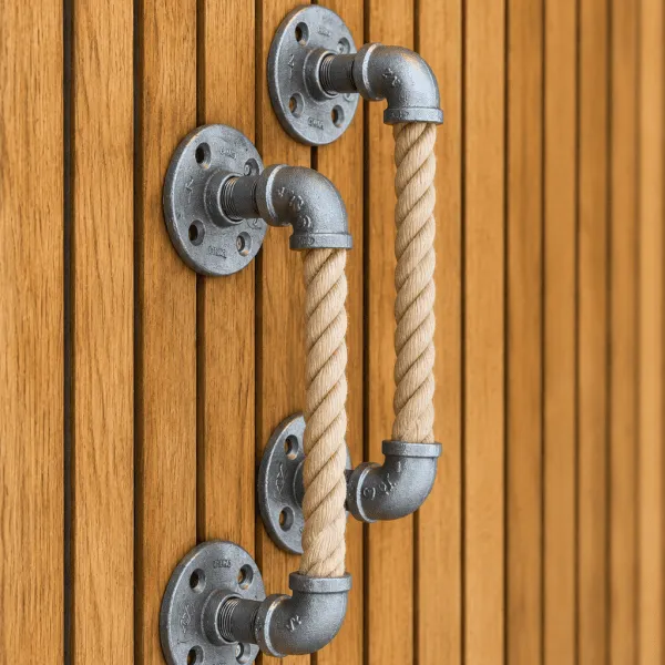 Farmhouse rope towel holder and rustic pipe handle mounted on white bathroom wall