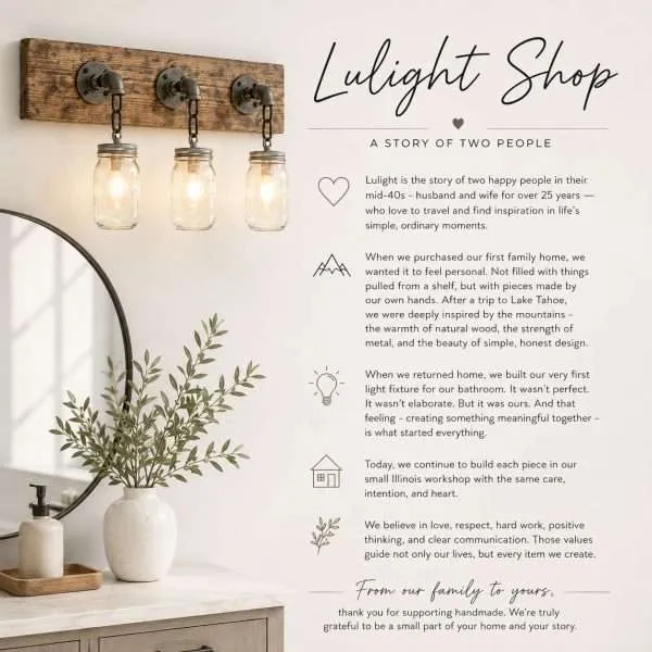 Farmhouse mason jar vanity light with rustic wood backboard